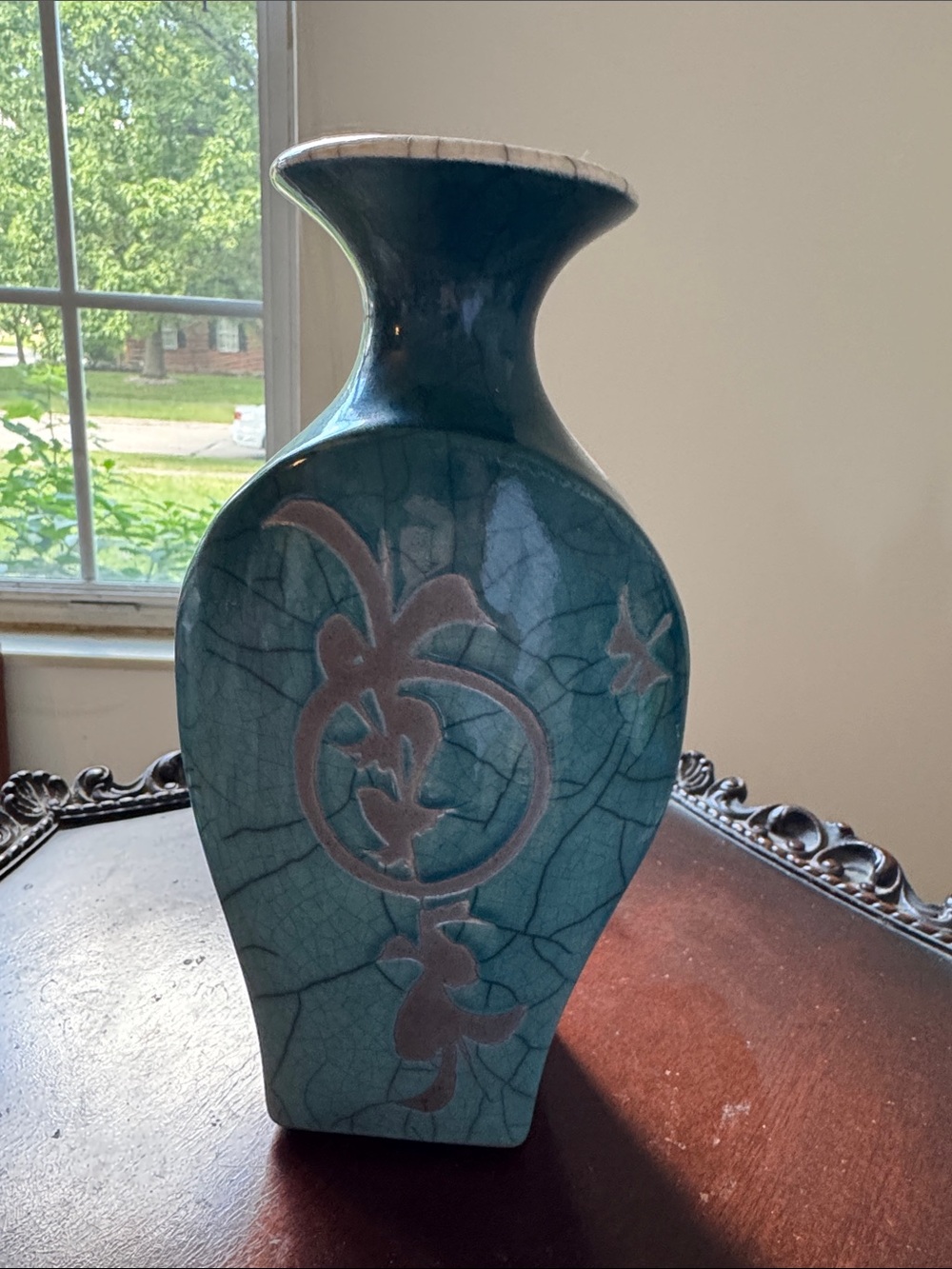 Teal Crackle Glaze Ceramic Accent Vase with Floral Motif